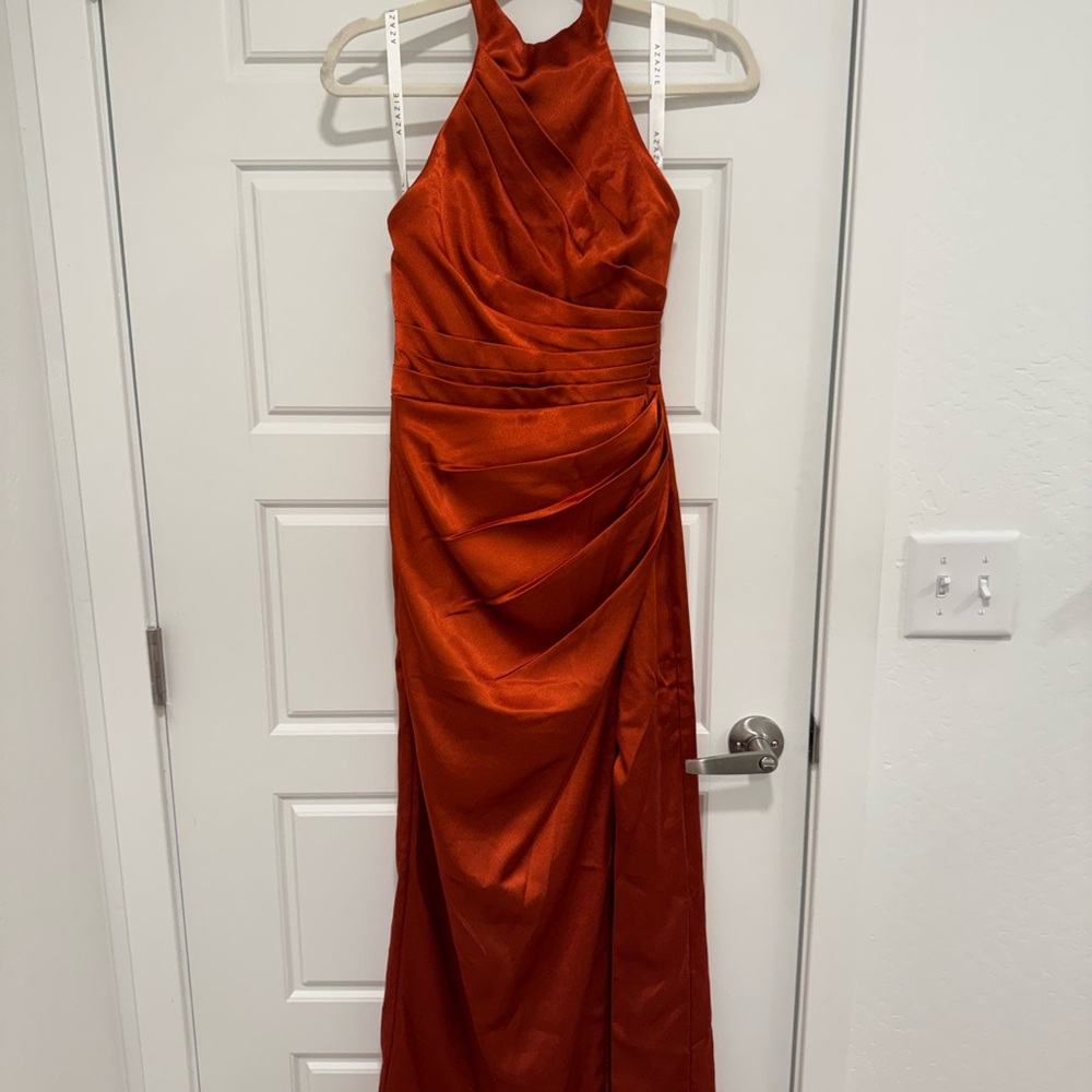 Azazie Burnt Orange Backless Formal Prom Dress